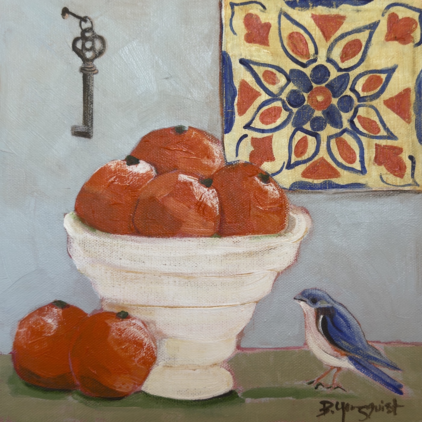Still life painting of a bowl of vibrant oranges, a detailed Portuguese tile with a blue and orange pattern, a small blue and white bird, and a solitary skeleton key hanging on a nail