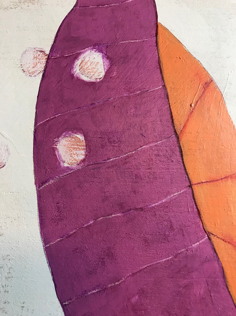 detail of larger acrylic painting on birch panel purple and orange leaf shape | on Art Biz Success