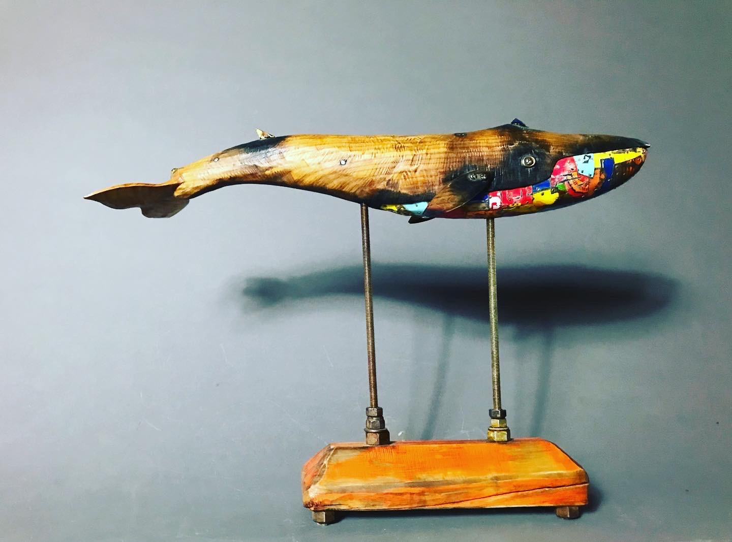wood and found object sculpture of krill catcher fish | on Art Biz Success