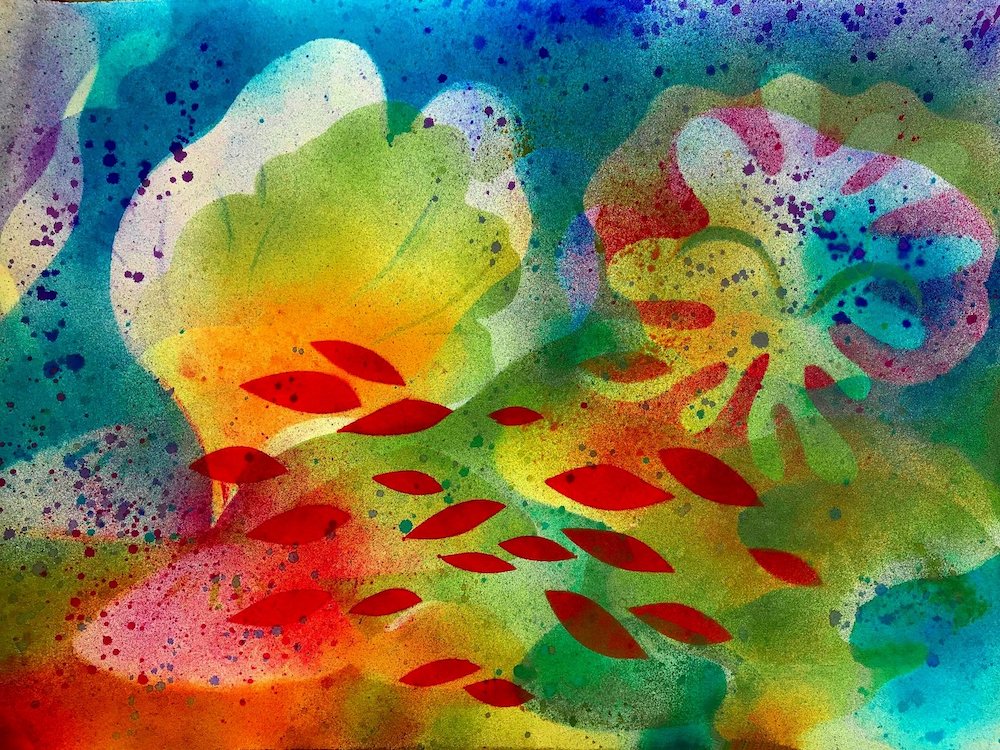 alcohol dye and stencil print on paper of layers florals blues and greens and yellows with red leaf overlay | on Art Biz Success