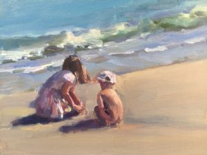 Oil painting of young girl and boy digging in the sand on the beach | on Art Biz Success