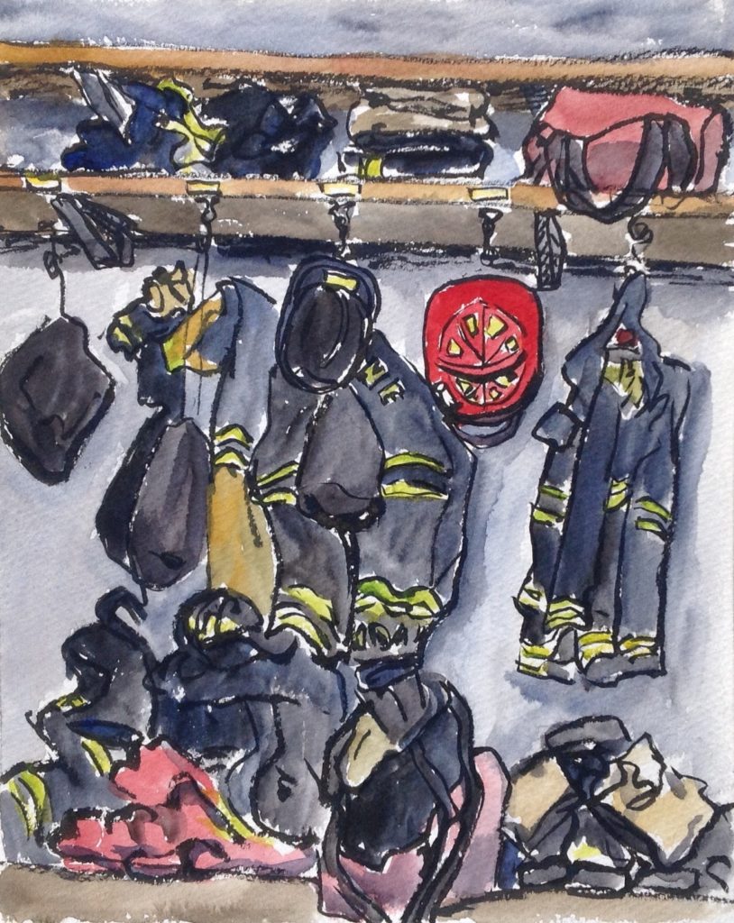 watercolor painting of firefighters uniform handing on wall rack artist Megan Perkins | on Art Biz Success