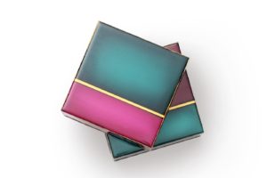 two small square painting of bright pink and turquoise stripes by artist Alexandra Squire | on Art Biz Success