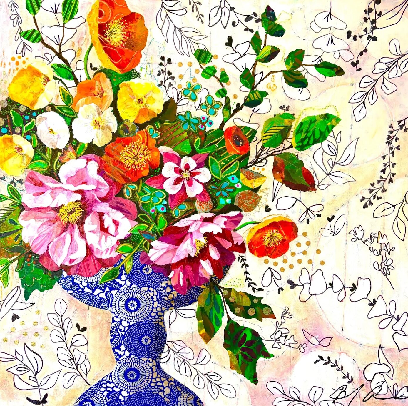 Behnaz Ahmadian mixed media on canvas of colorful floral blooms in a blue patterned vase