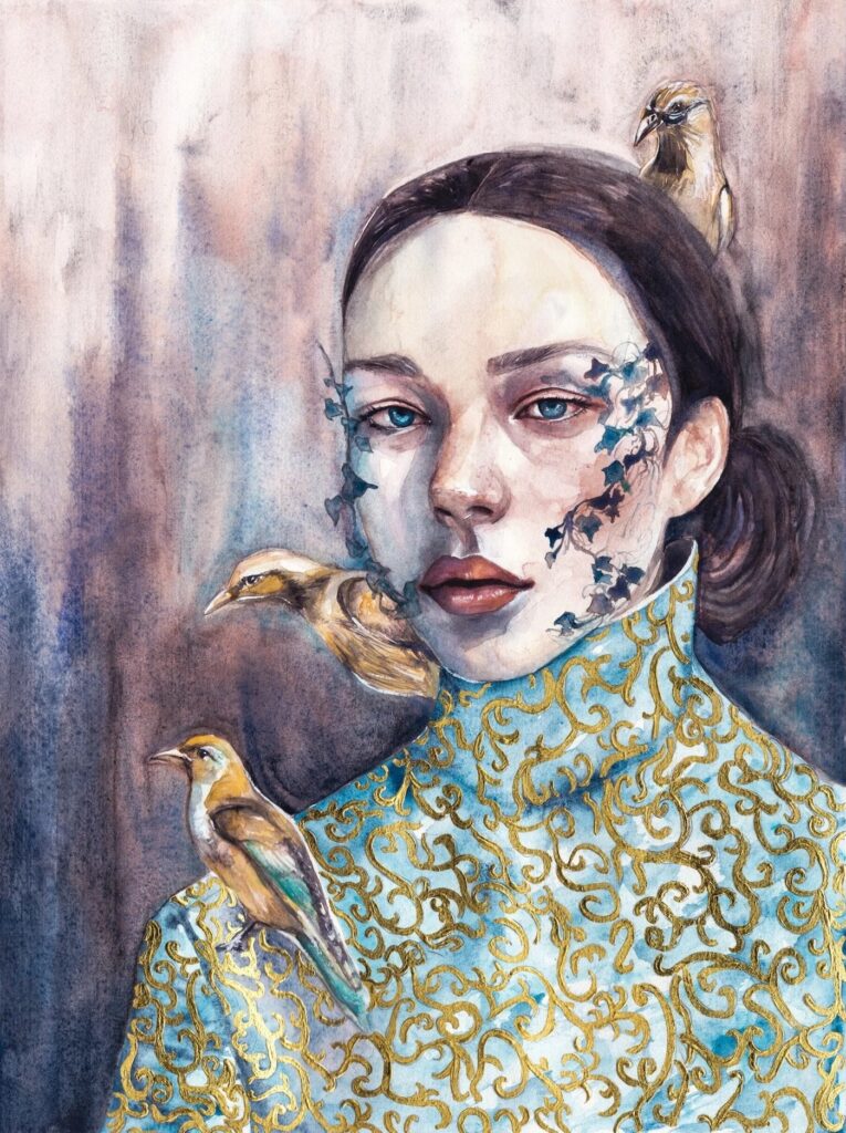 Miwa Gardner emotive watercolor portrait of a woman surrounded by birds and with vine-like markings on her face. The subject is wearing a high-necked garment adorned with intricate gold filigree patterns.