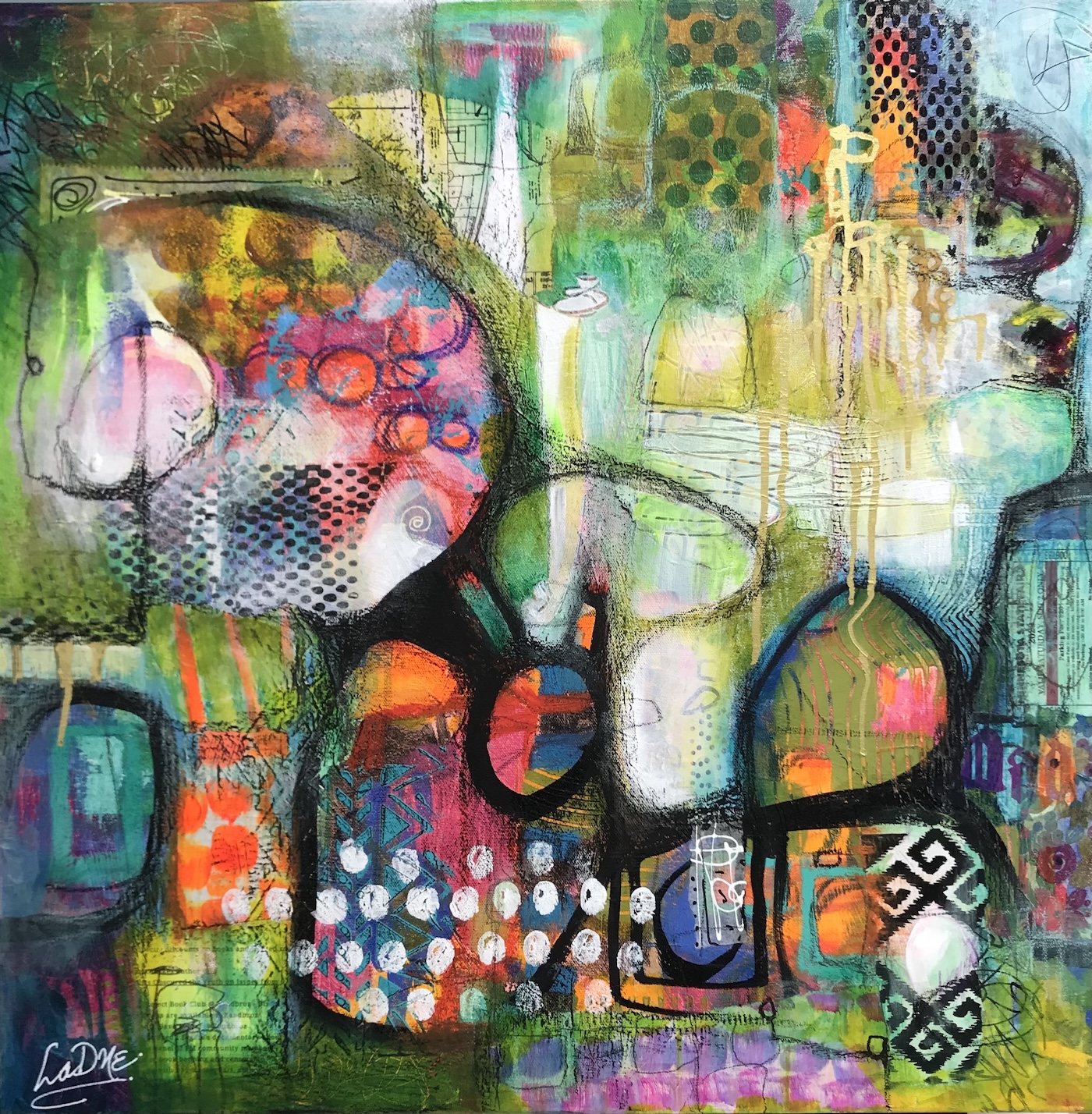 Abstract painting that is primarily green with spots of bright colors. Includes black linework and patterns on the surface.