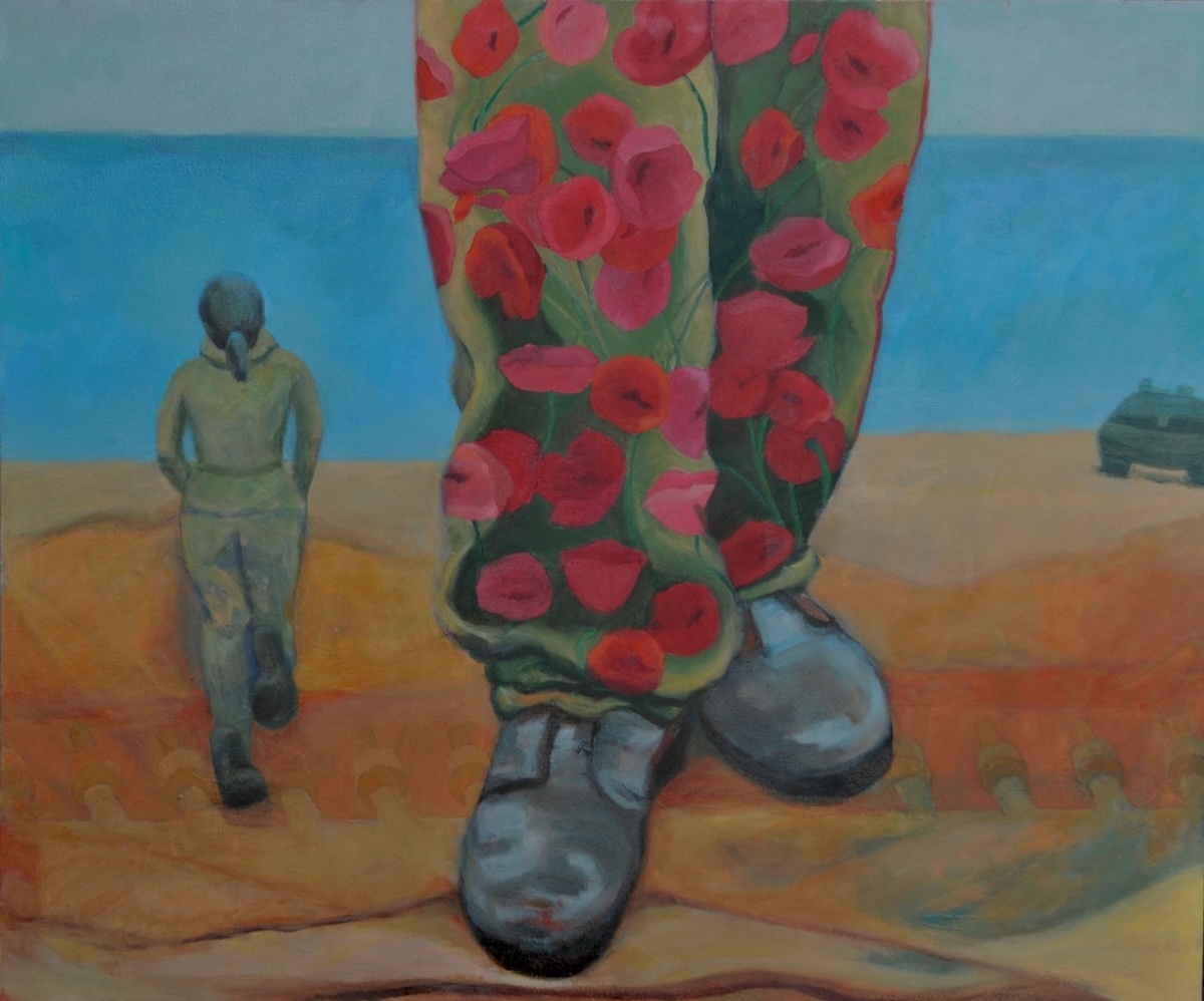 Paula Blumenfeld oil painting that features a figure in poppy-patterned trousers in the foreground, with a smaller figure walking toward a body of water in the background.