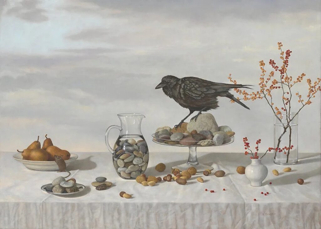 Marie Bender Still life painting of a black crow perched on a dish surrounded by rocks, a pitcher of rocks, nuts, pears and floral elements