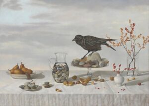 Marie Bender Still life painting of a black crow perched on a dish surrounded by rocks, a pitcher of rocks, nuts, pears and floral elements