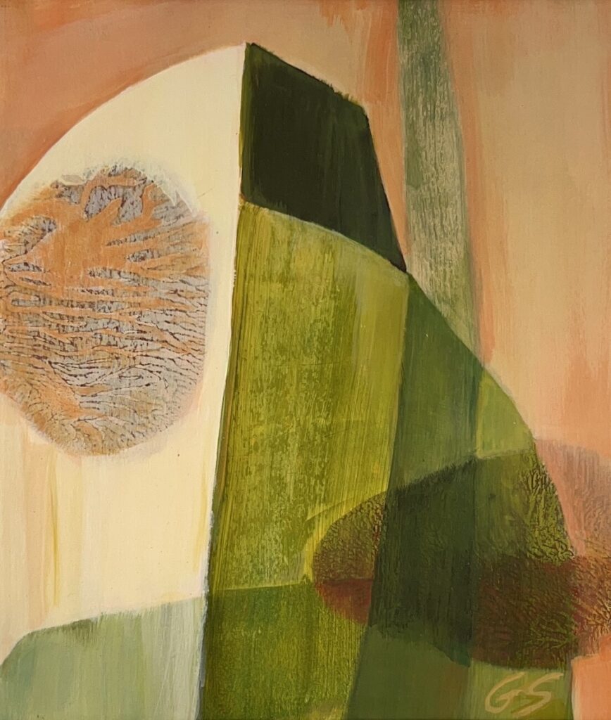 Abstract acrylic painting by Gail Salzman of a combination of large geometric blocks and curved, organic elements in earth tones of olive green and ochre contrasted with softer tones of peaches and tans.