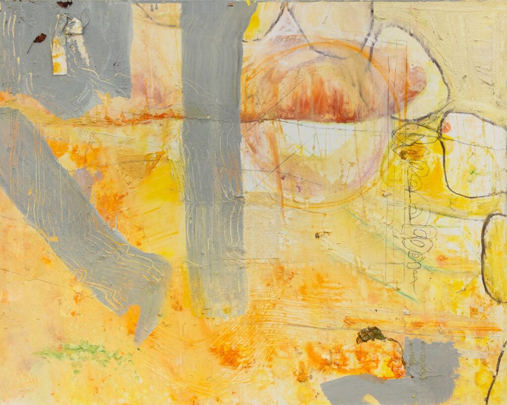 Textural contemporary abstract painting in shades of yellow, gold, and silver.