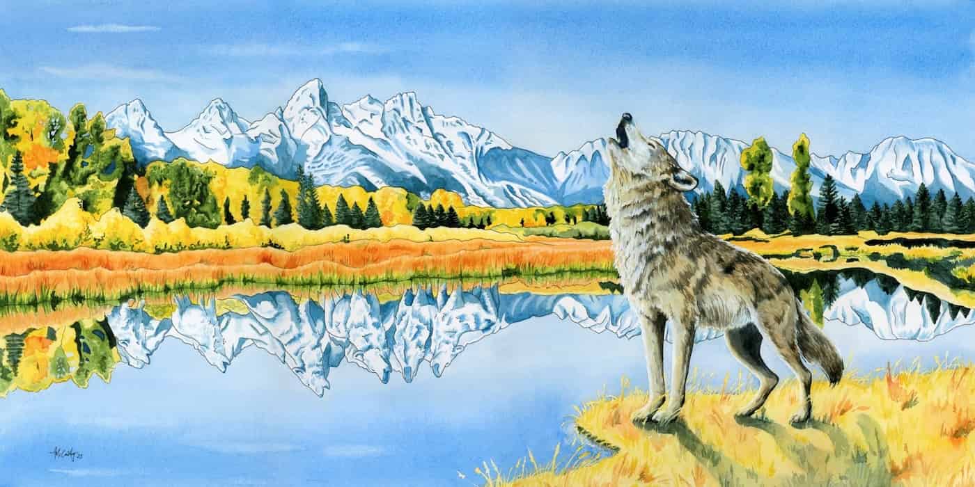 Painting of a wolf howling in the foreground next to a body of water that reflects the surrounding bright blue sky, autumnal orange and yellow trees, and snow-capped mountains.
