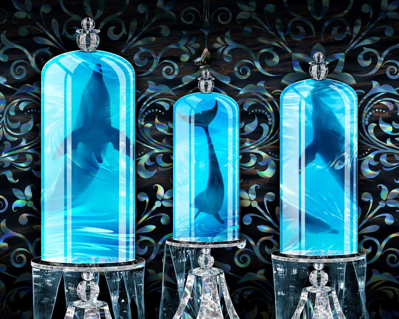 artwork with 3 glass cloches filled with stylized blue water and dolphins. Against a blue and green swirl pattern.