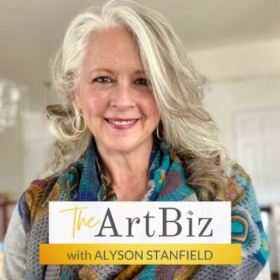 Podcast cover for The Art Biz with Alyson Stanfield with Photo of Alyson wearing a blue, yellow, and gray scarf